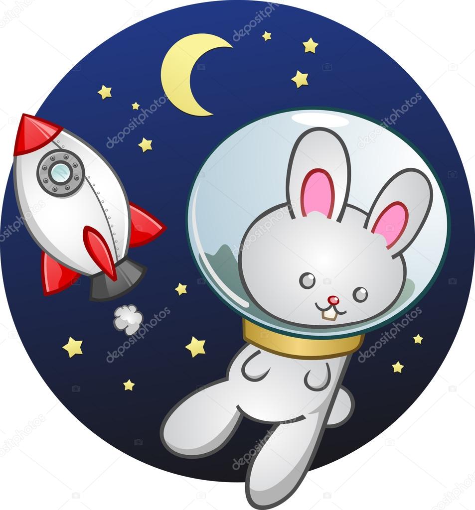 Space Bunny Cartoon Character In A Toy Rocket Ship