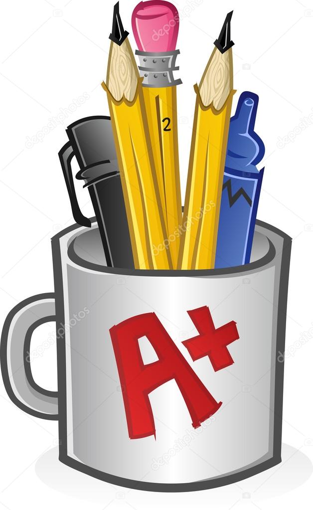 Mug of Pencils Pens Crayons and Markers Cartoon