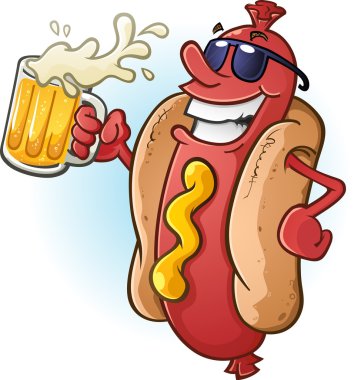 Hot Dog Cartoon Wearing Sunglasses and Drinking Beer clipart