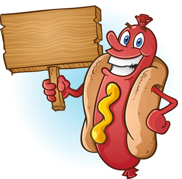 Hot Dog Cartoon segurando um sinal de madeira em branco —  Vetores de Stock