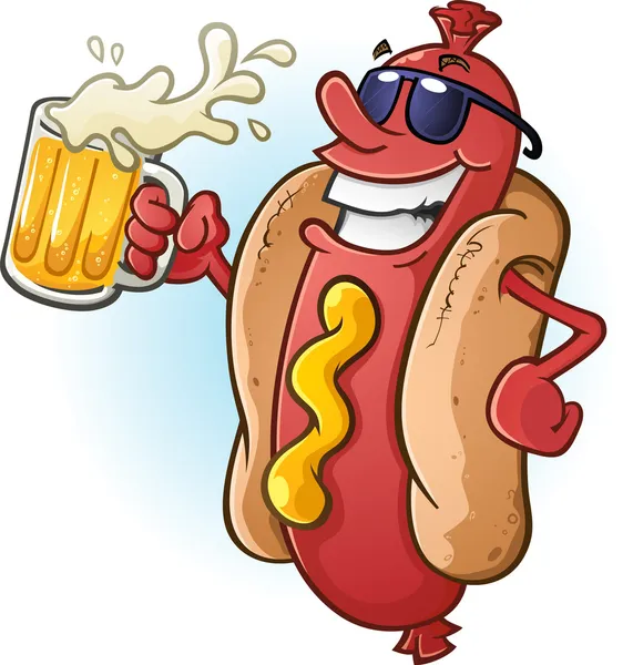 Hot Dog Cartoon Indossare occhiali da sole e bere birra — Vettoriale Stock