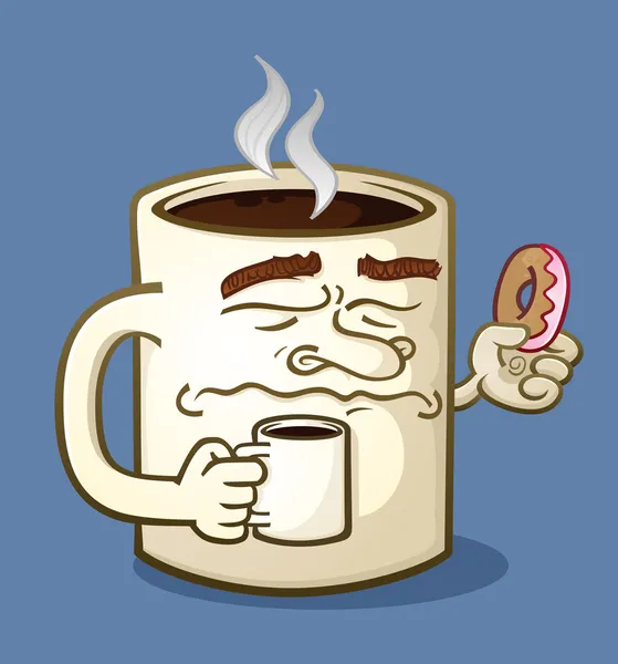 Mürrische Kaffee-Cartoon-Figur isst einen Donut — Stockvektor