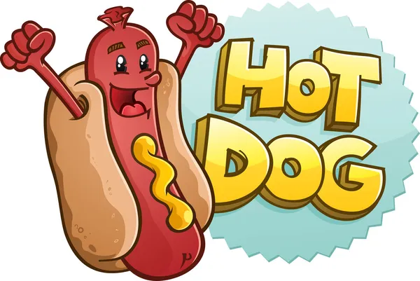 Hot dog kreslená postava s emblémem a ilustrované nápisy — Stockový vektor