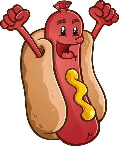 Hot Dog Cartoon Character Celebrating With Excitement - Stok Vektor