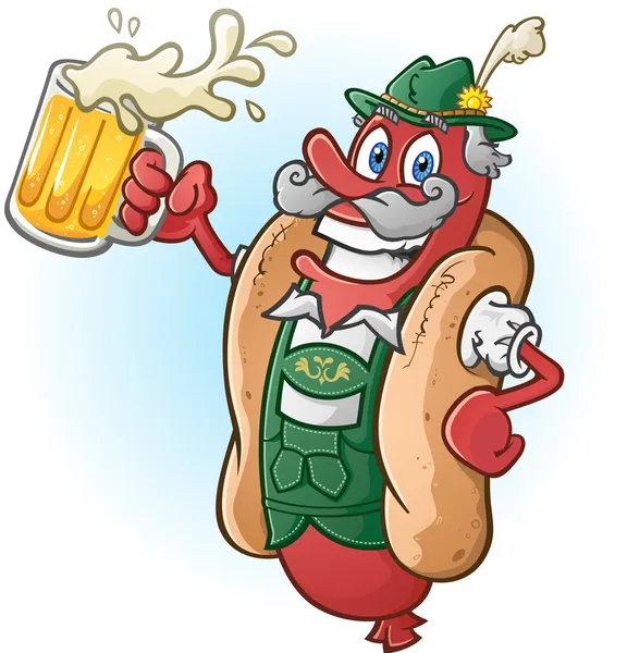 Braadworst hotdog bier cartoon — Stockvector