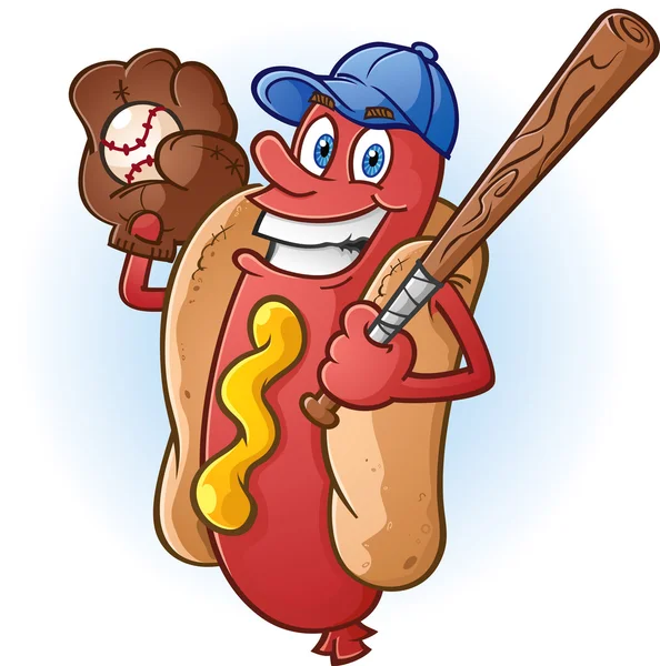 Hot Dog Baseball personaggio cartone animato — Vettoriale Stock