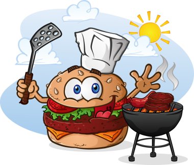 chef şapka ile ızgara hamburger çizburger çizgi film karakteri