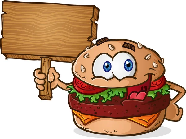 Hamburger Cartoon Wooden Sign — Stock Vector