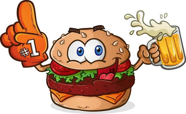 Hamburguesa Cheeseburger Sports Fan Personaje de dibujos animados Beber cerveza con un dedo de espuma — Vector de stock