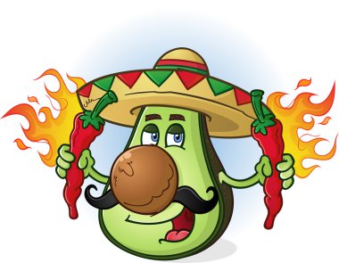 Hot chili peppers holding avokado Meksikalı karikatür karakter