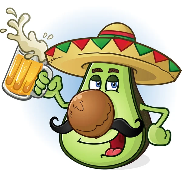 Αβοκάντο Μεξικού γελοιογραφία χαρακτήρας πίνοντας μπύρα — Διανυσματικό Αρχείο