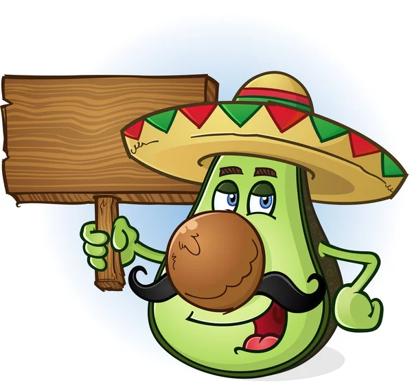 Karakter Kartun Meksiko Avocado Tanda Tahan Kayu Stok Vektor