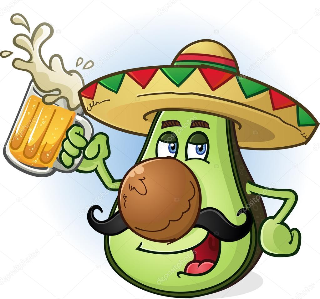 Avocado Mexican Cartoon Character Drinking Beer