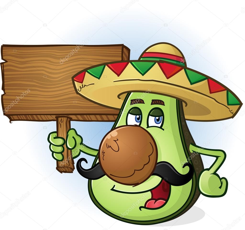 Avocado Mexican Cartoon Character a Holding Wooden Sign