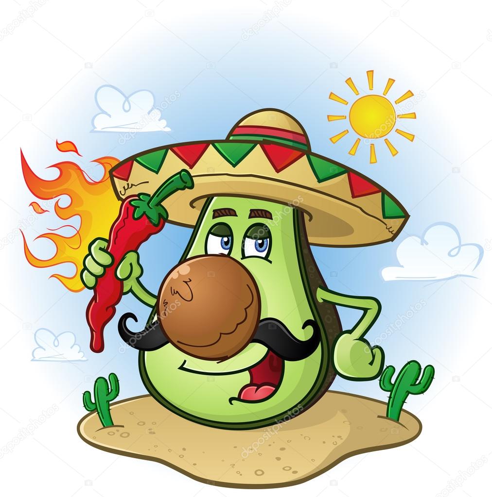 Avocado Mexican Cartoon Character a Holding Hot Chili Pepper