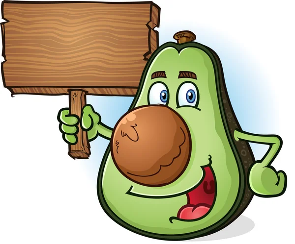 Avocado personaggio dei cartoni animati Holding segno di legno — Vettoriale Stock