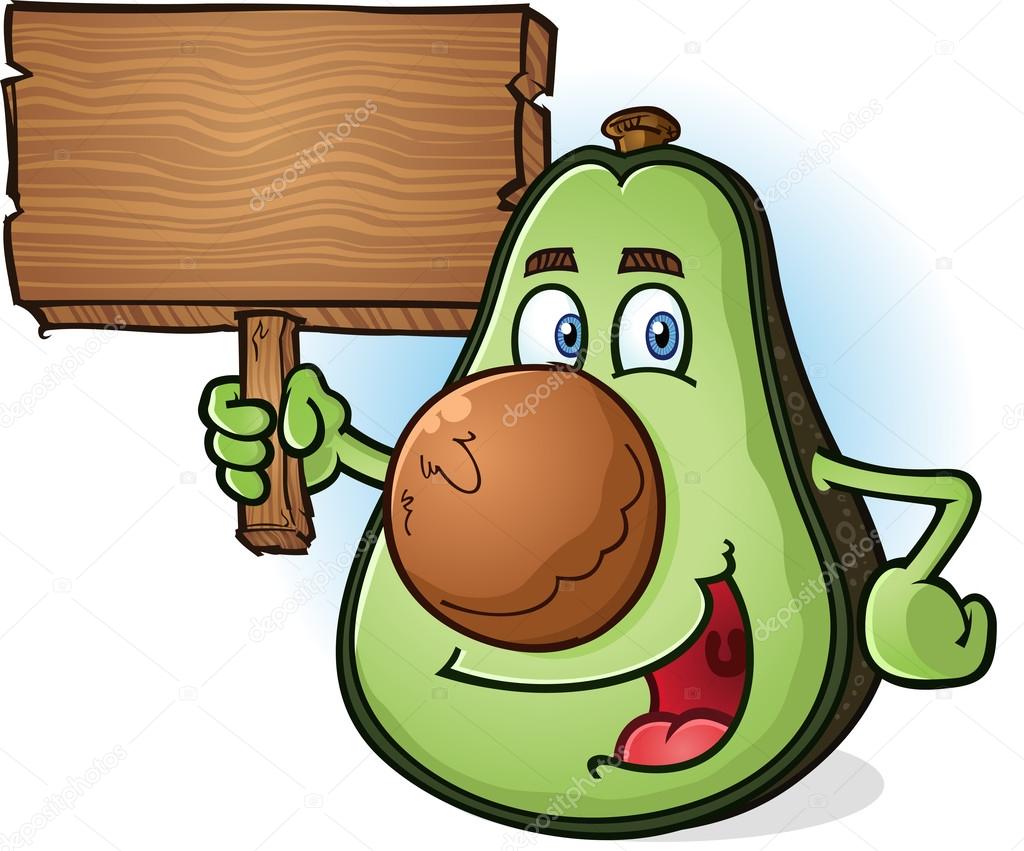 Avocado Cartoon Character Holding Wooden Sign