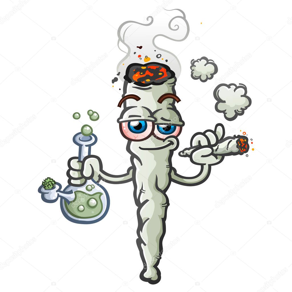 A happy, stoned marijuana joint cartoon character holding a water bong