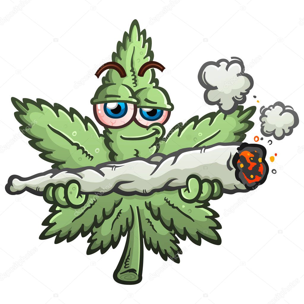 A happy, stoned marijuana leaf cartoon character holding a massive burning joint with puffs of smoke