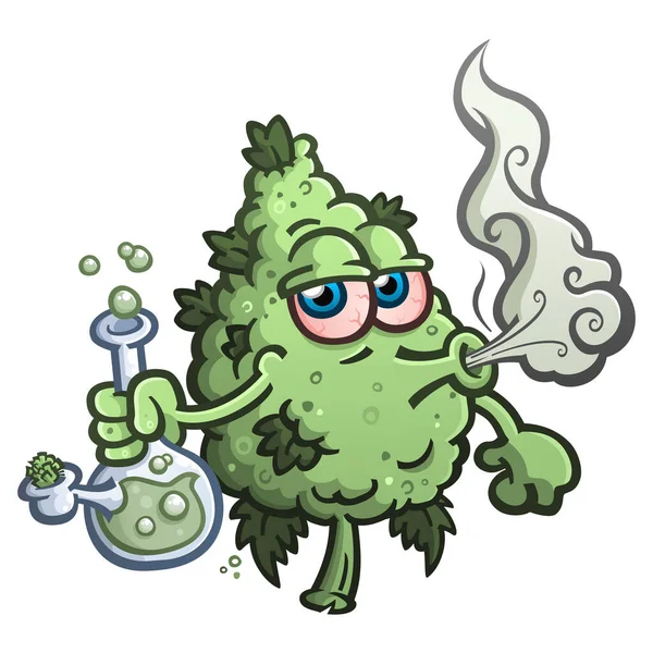 Stoned Marijuana Bud Cartoon Character Smoking Glass Water Bong — Stock Vector