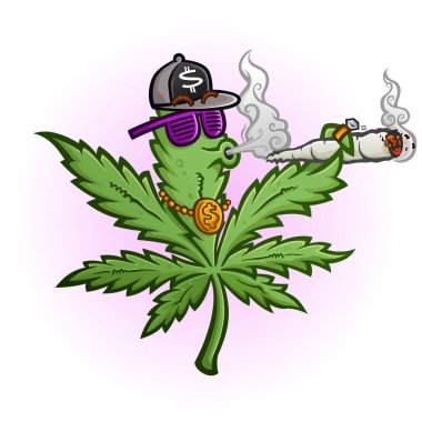 Şehir stili hip hop marihuana yaprağı çizgi film karakteri spor malzemeleri ve esrar içiyor.