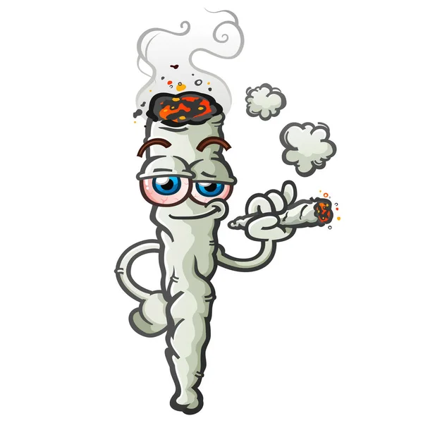 Large Marijuana Joint Cartoon Character Smoking Small Rolled Doobie Puffing — Stock Vector