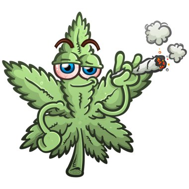 Bir marihuana kenevir yaprağı vektör çizgi film karakteri çizimi esrar içiyor ve sigara tüttürüyor