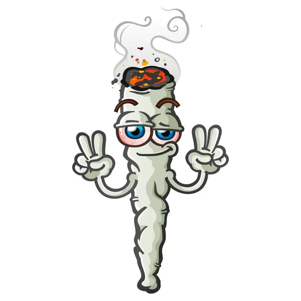 Happy Stoned Marijuana Joint Cartoon Character Flashing Peace Sign Hand — Stock Vector