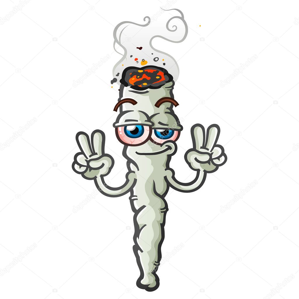 A happy, stoned marijuana joint cartoon character flashing a peace sign hand gesture