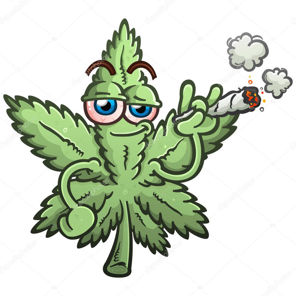 A marijuana cannabis leaf vector cartoon character illustration smoking a joint and puffing smoke
