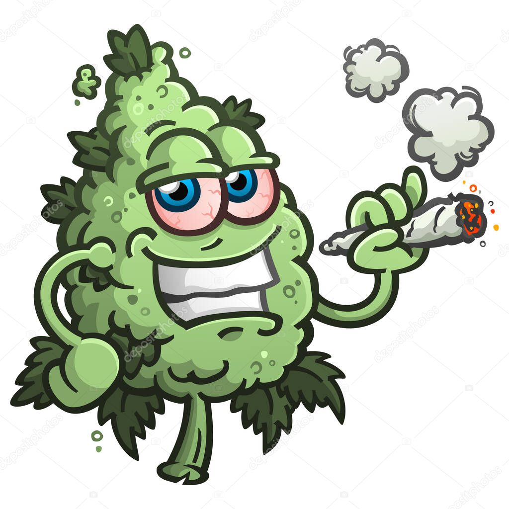 Marijuana bud vector cartoon character illustration smoking a reefer joint for hemp and cdb health benefits