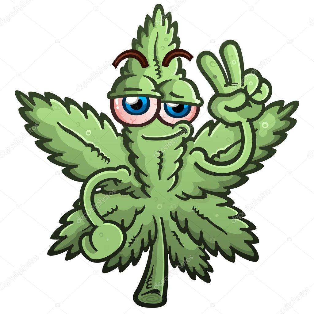 A marijuana leaf vector cartoon character illustration flashing a peace gesture