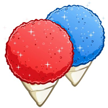 A pair of red cherry and blue raspberry snow cone frozen desserts cartoon vector illustration