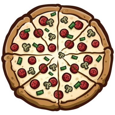Biberli, yeşil biberli ve mantarlı büyük lüks pizza turtası. Çizgi film vektör çizimi.