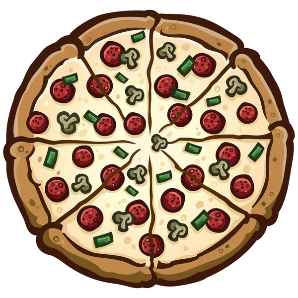 Large Deluxe Pizza Pie Covered Pepperoni Green Peppers Mushrooms Cartoon — Stock vektor