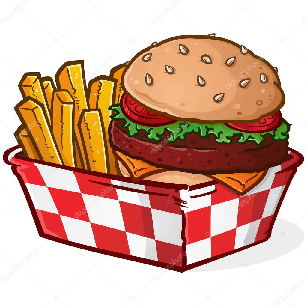 An irresistible grilled cheeseburger basket with crispy golden French fries fresh from the deep fryer