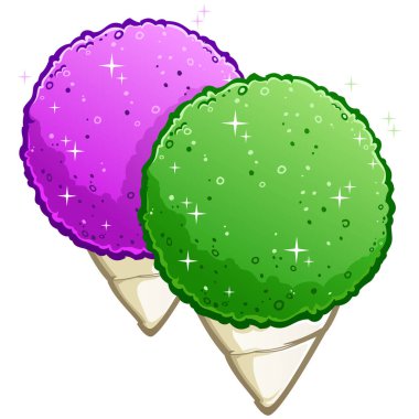 A pair of red cherry and blue raspberry snow cone frozen desserts cartoon vector illustration