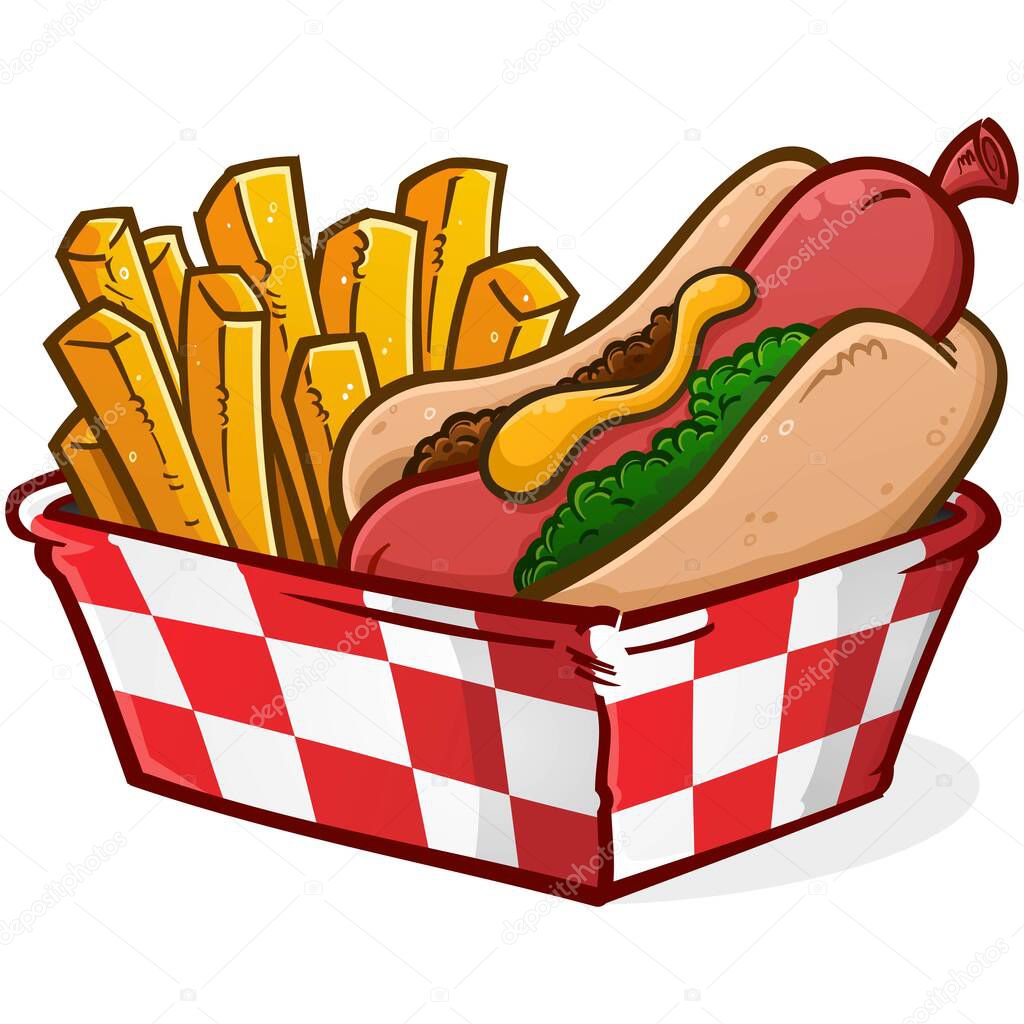 An irresistible hot dog basket with crispy golden French fries fresh from the deep fryer
