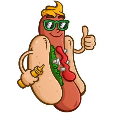 A stylish hot dog with attitude and sunglasses holding a mustard squirter and flashing an enthusiastic thumbs up vector clip art drawing