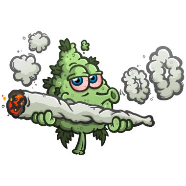 Cannabis bud cartoon character smoking a massive joint and blowing smoke rings isolated vector illustration