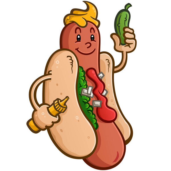 A stylish hot dog holding a mustard squirter and a delicious dill pickle vector clip art drawing