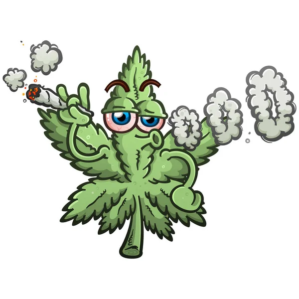 Cartoon Styled Marijuana Pot Leaf Vector Illustration Blowing Smoke Rings — Διανυσματικό Αρχείο