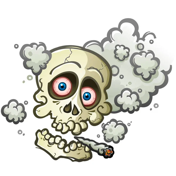 頭蓋骨の漫画のキャラクターは 喫煙ベクトルイラストを渦巻くの周囲の煙の煙とマリファナのジョイントを喫煙 — ストックベクタ