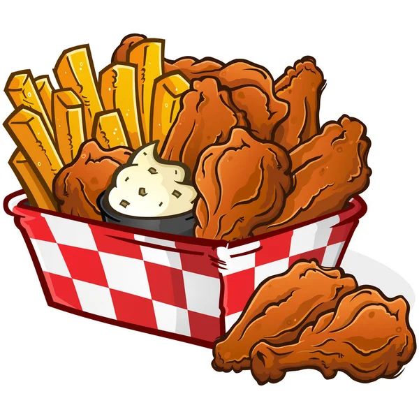 Irresistible Chicken Wing Basket Crispy Golden French Fries Fresh Deep — Archivo Imágenes Vectoriales