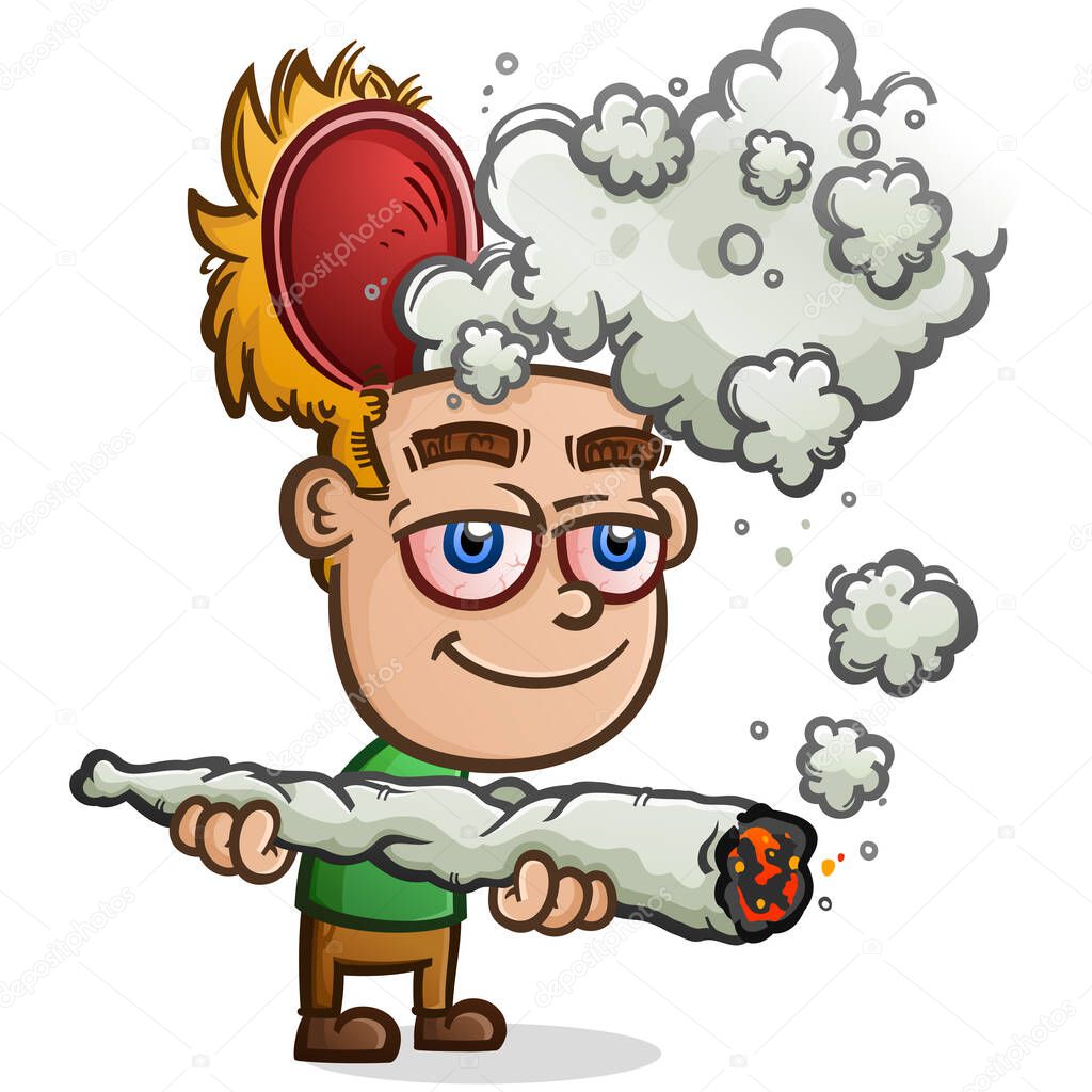 Blonde boy with bloodshot eyes smoking a giant marijuana joint with his empty skull propped open and pot smoke billowing out