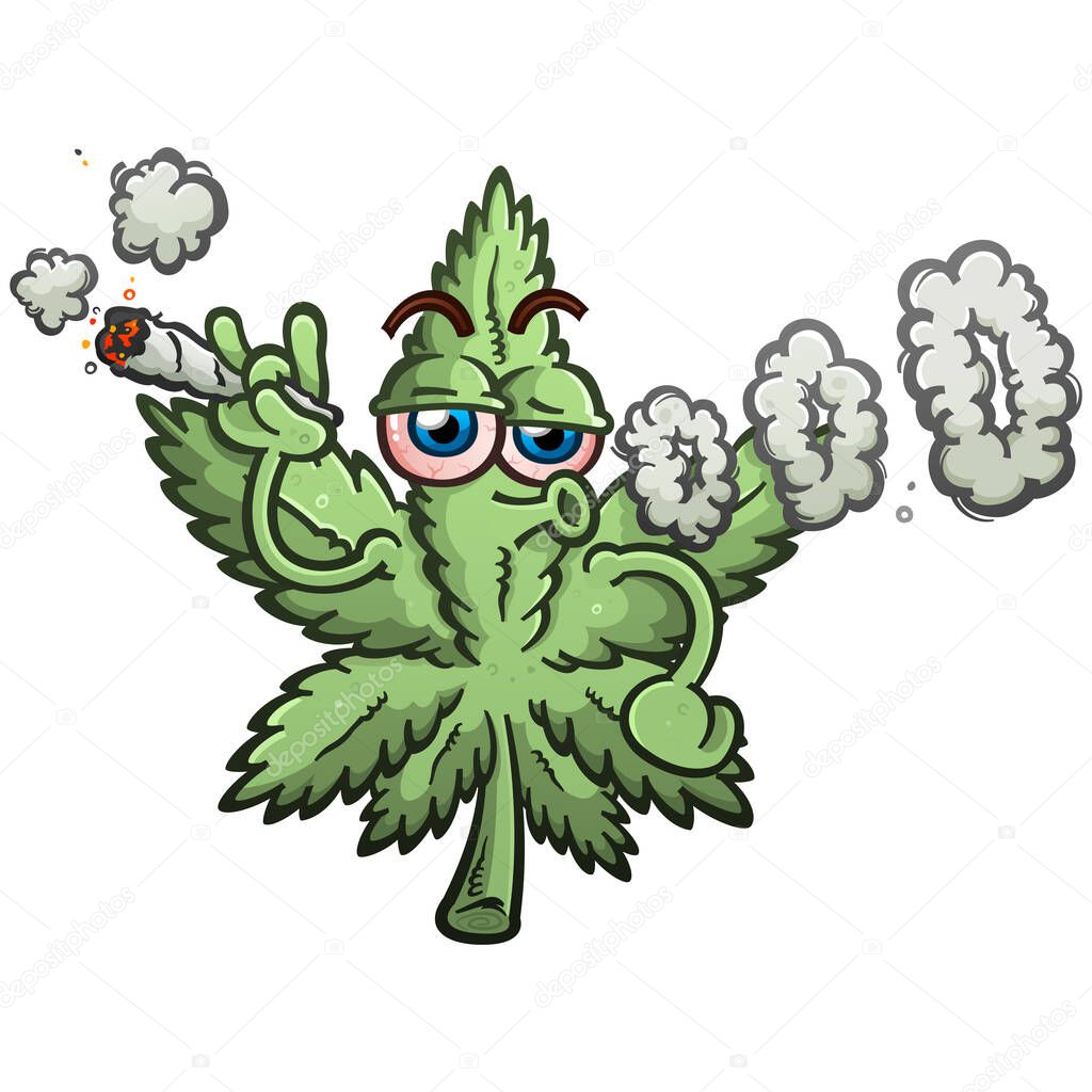 Cartoon styled marijuana pot leaf vector illustration blowing smoke rings