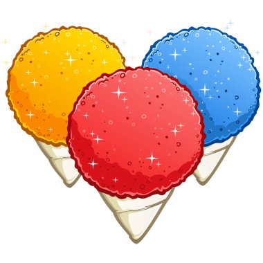 A trio of red cherry, blue raspberry and yellow lemon snow cone frozen desserts cartoon vector illustration