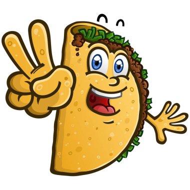 Taco Cartoon Character Flashing a Peace Sign Hand Gesture