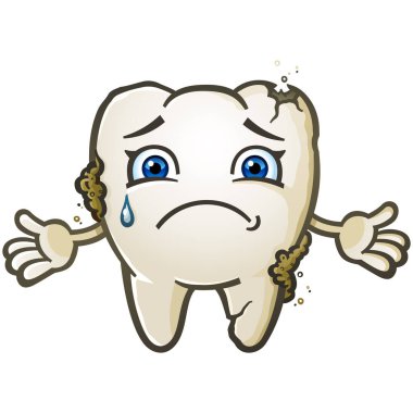 An unhappy tooth cartoon character covered in plaque and cracks with a deep cavity