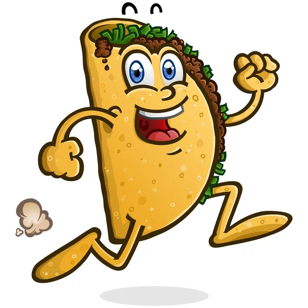 Delicious Beef Taco Cartoon Character Brisk Bouncy Jog Mexican Food — Stockvektor